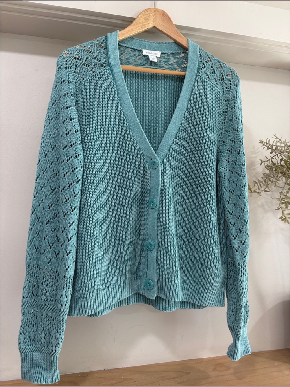 Sundance Cotton Crochet Teal V- Neck Button  Down Cardigan, Size LP